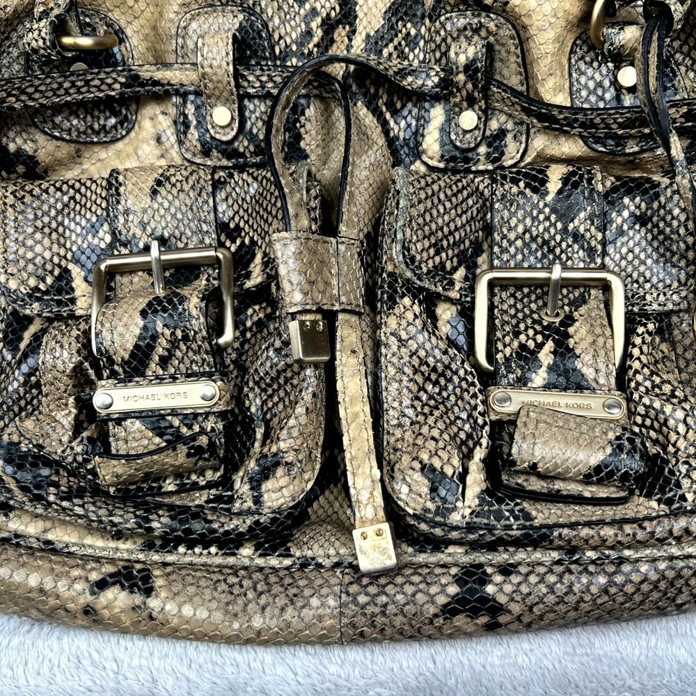 Michael Kors Womens Satchel Bag Brown Tan Python Skin Double Handle Shoulder Bag - Picture 3 of 16